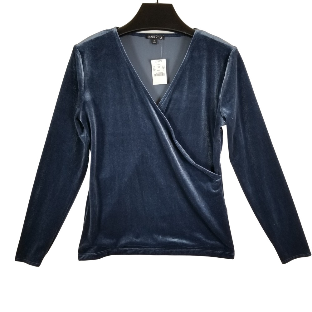 J.Crew Mercantile Womens Velvet Wrap Top Blue Long Sleeve V-Neck K5027 NEW M